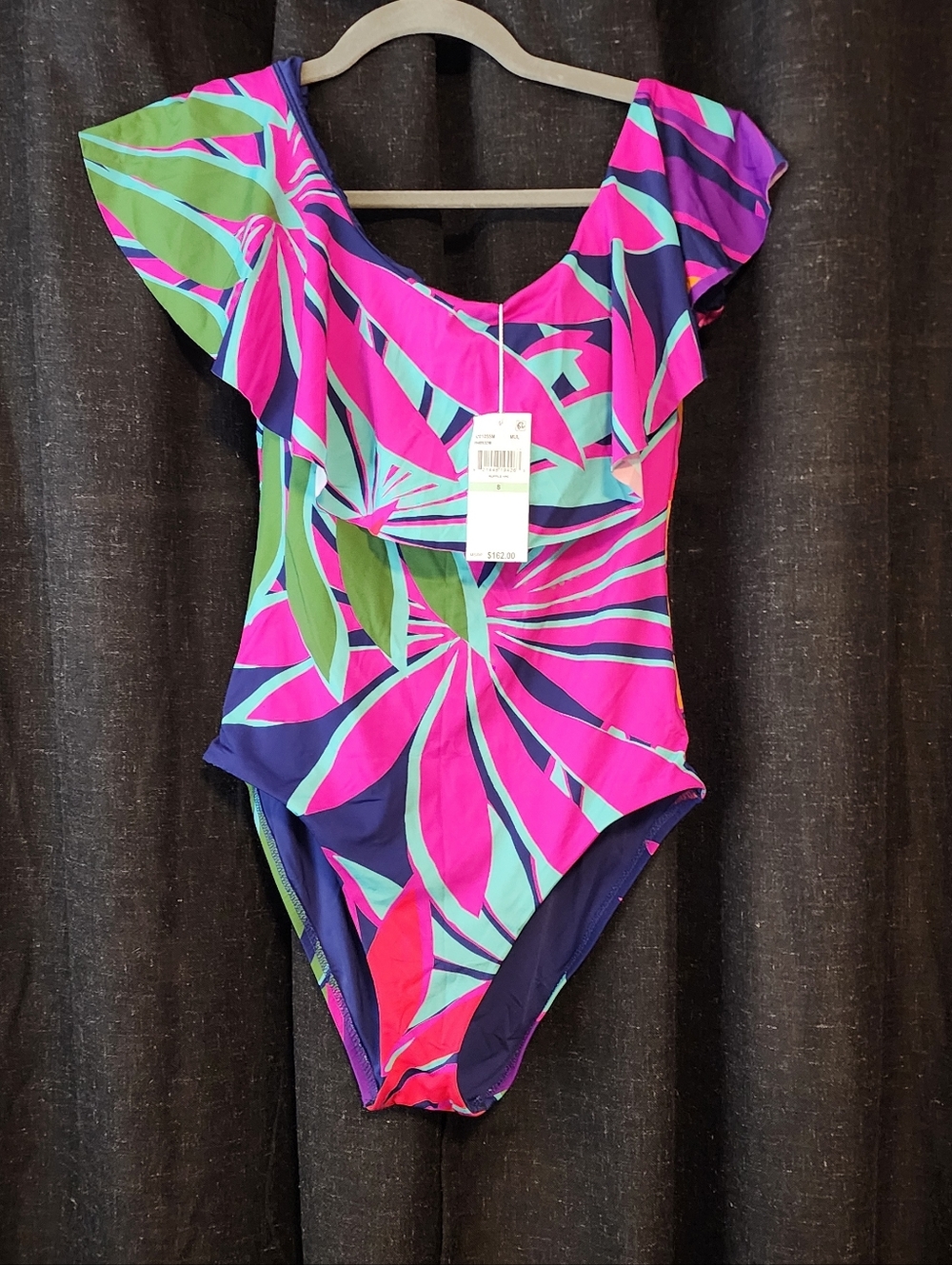 Trina Turk Ruffle One‑Piece Swimsuit • Size 8 • NWT • Tropical Print